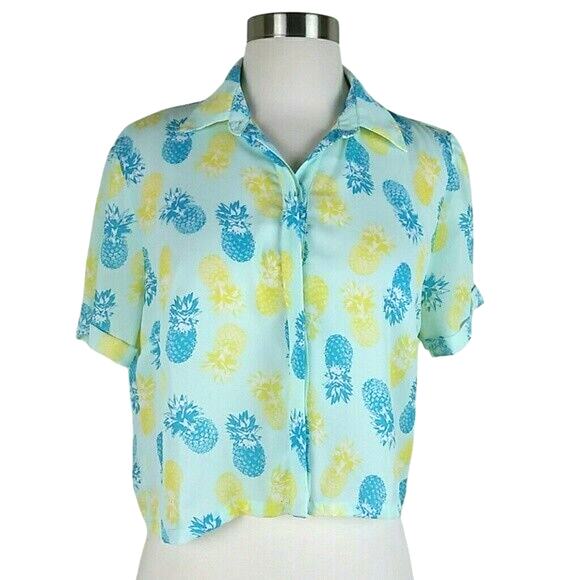 Freebird Blouse Women M Tropical Hawaiian Pineapple Resort Summer SS Button Top - Picture 2 of 5